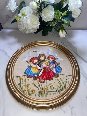 Vintage Handmade Embroidered Little One Childhood Artwork Circle Gold Tone Frame